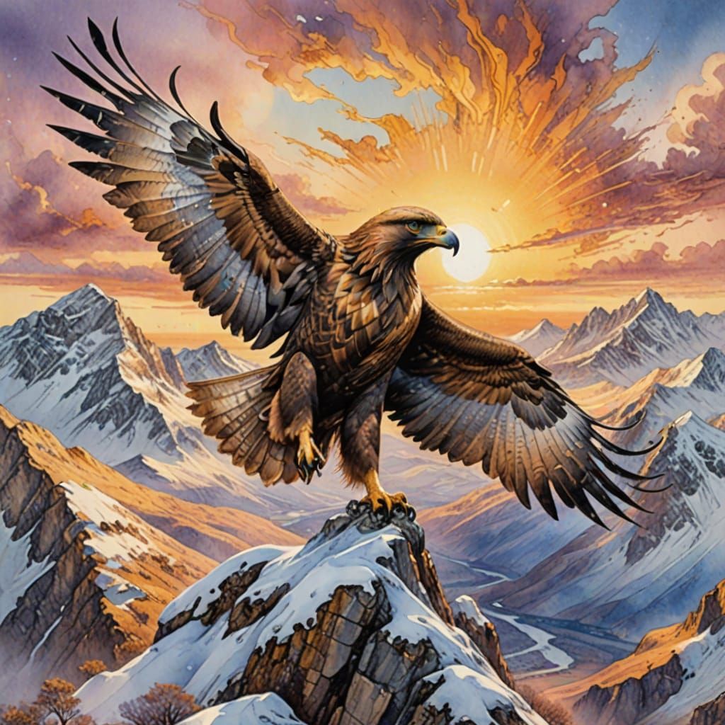 Majestic Golden Eagle Soars Against Sunrise