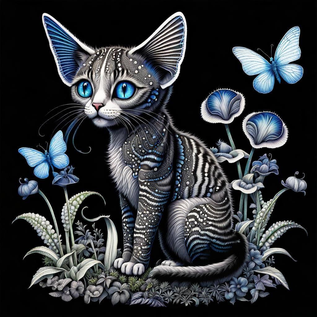 Botanicals Fairy cat with wings Venus flytrap (Dionaea muscipula) is a carnivorous plant Botanicals Black ink stipple te...