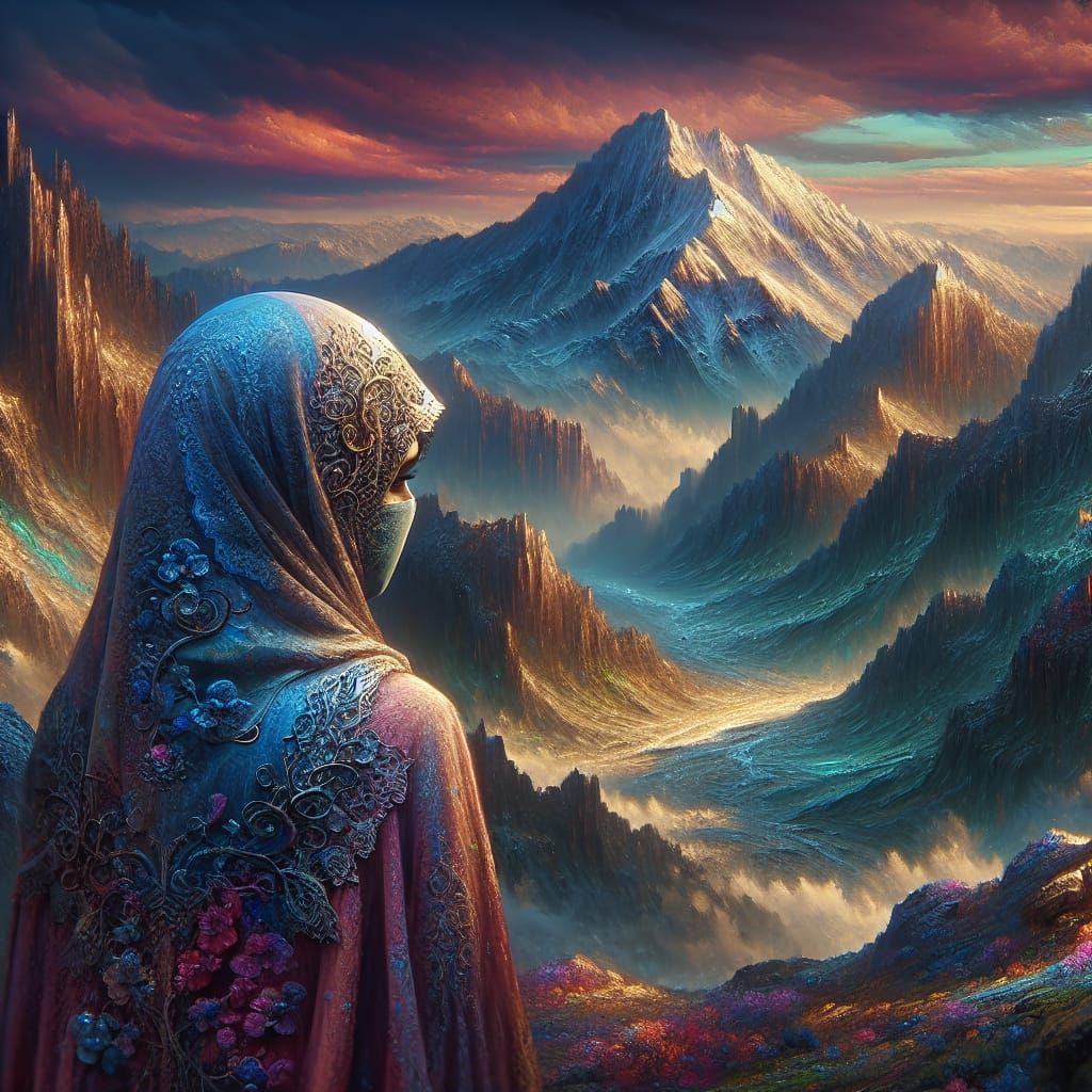 Hidden Face: Muslim Girl Watches Mountains in Matte Painting