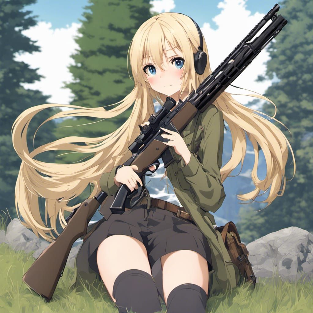 Anime Girl with Hunting Rifle in the Alps