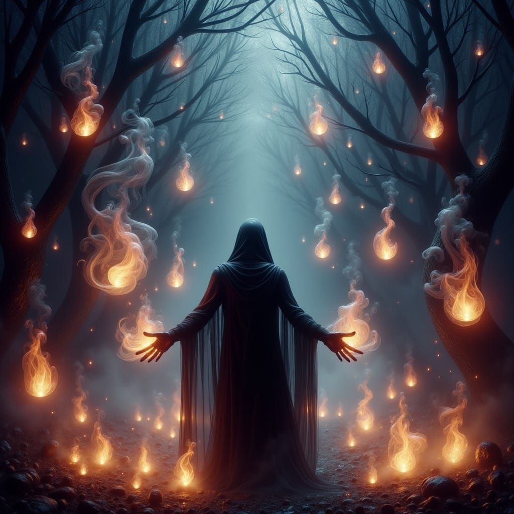 Mystical Night Scene with Magician Conjuring Light