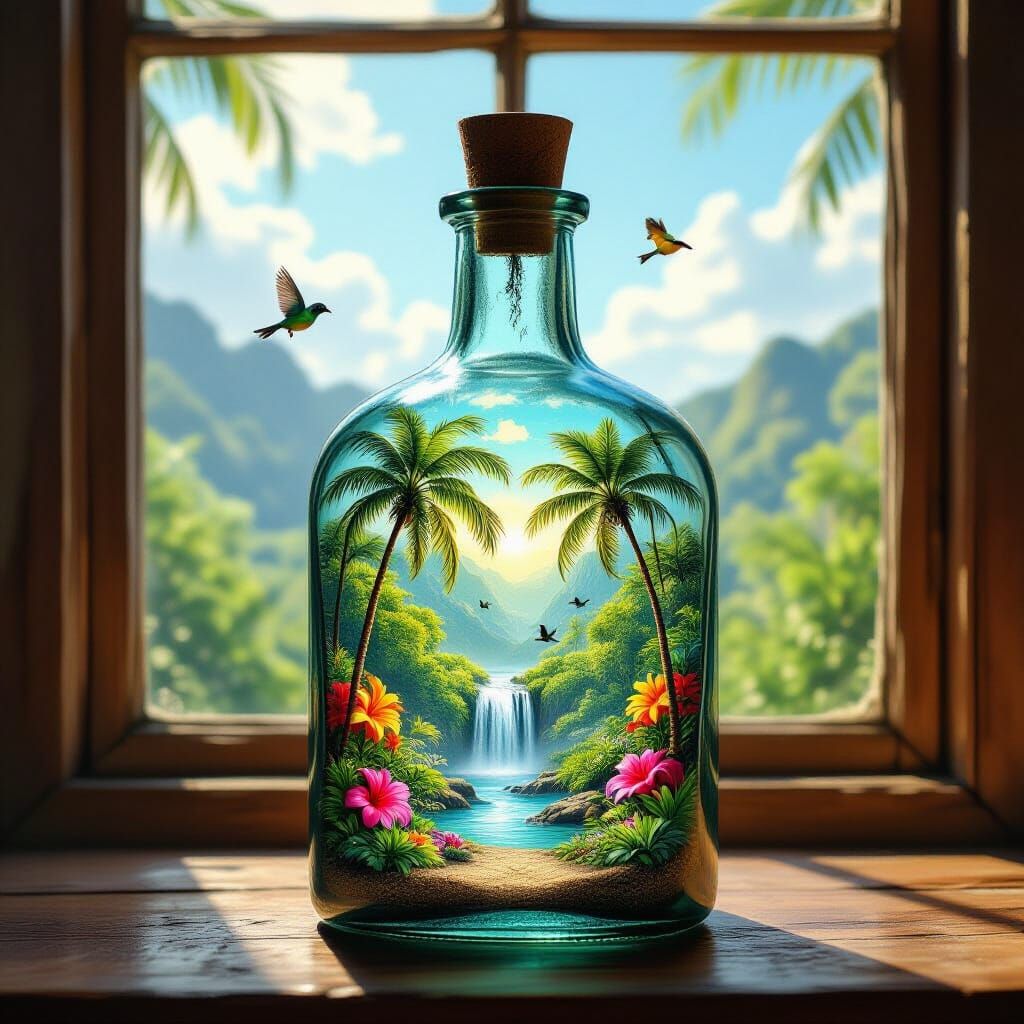 Miniature Tropical Forest in Vintage Bottle