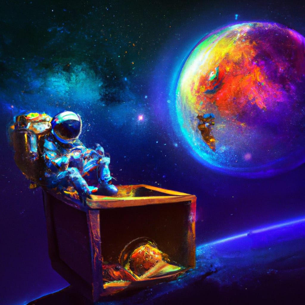 Astronaut on Treasure Chest in Moonlit Nebula