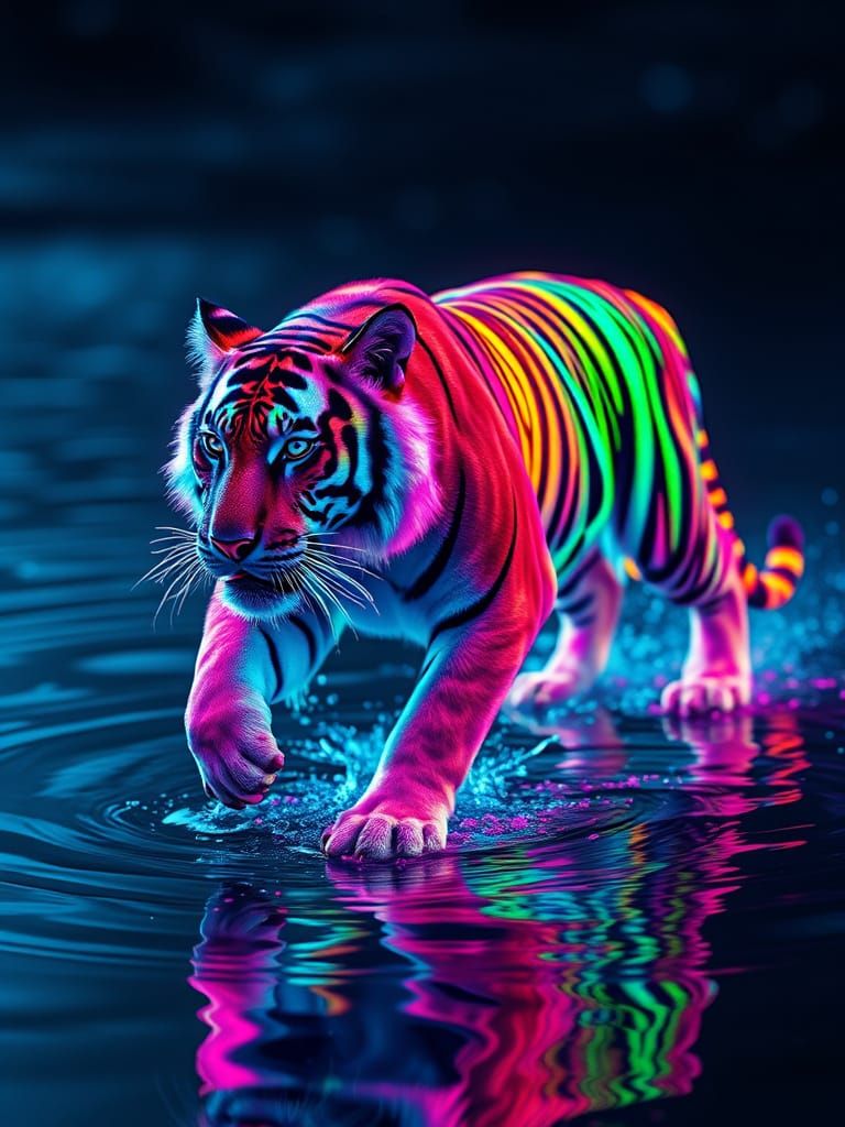 Surreal Holographic Tiger Emerges from Neon Ripples