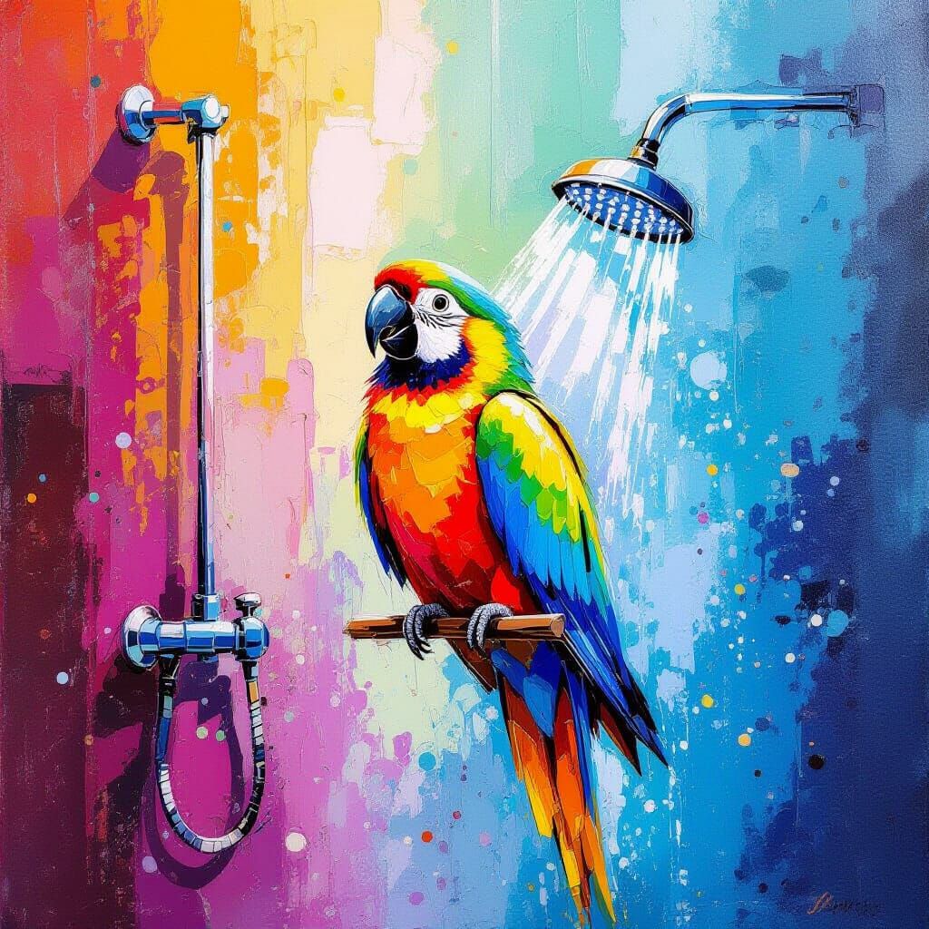 Parrot Singing in Shower, Watercolor and Oil Painting