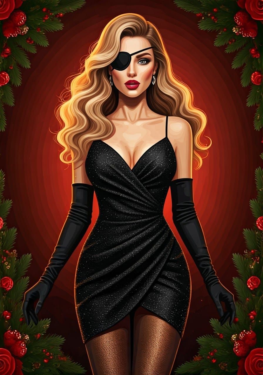 Festive Glamour: Woman in Glitter Dress with Eyepatch
