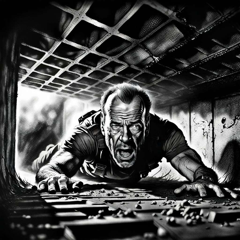 John McClane in Air Duct: Charcoal Rendering
