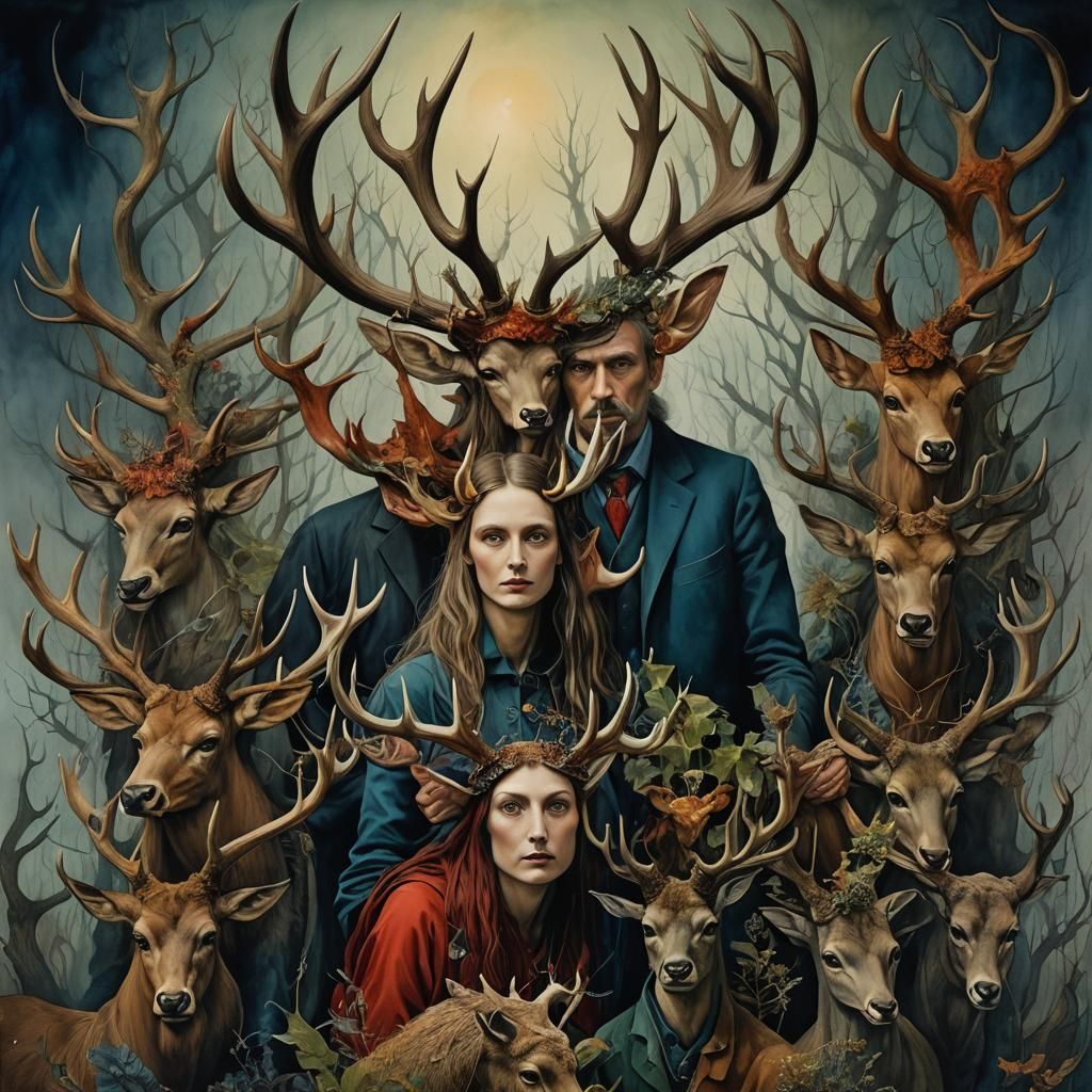 People with Antlers in Dreamlike Dark Fantasy