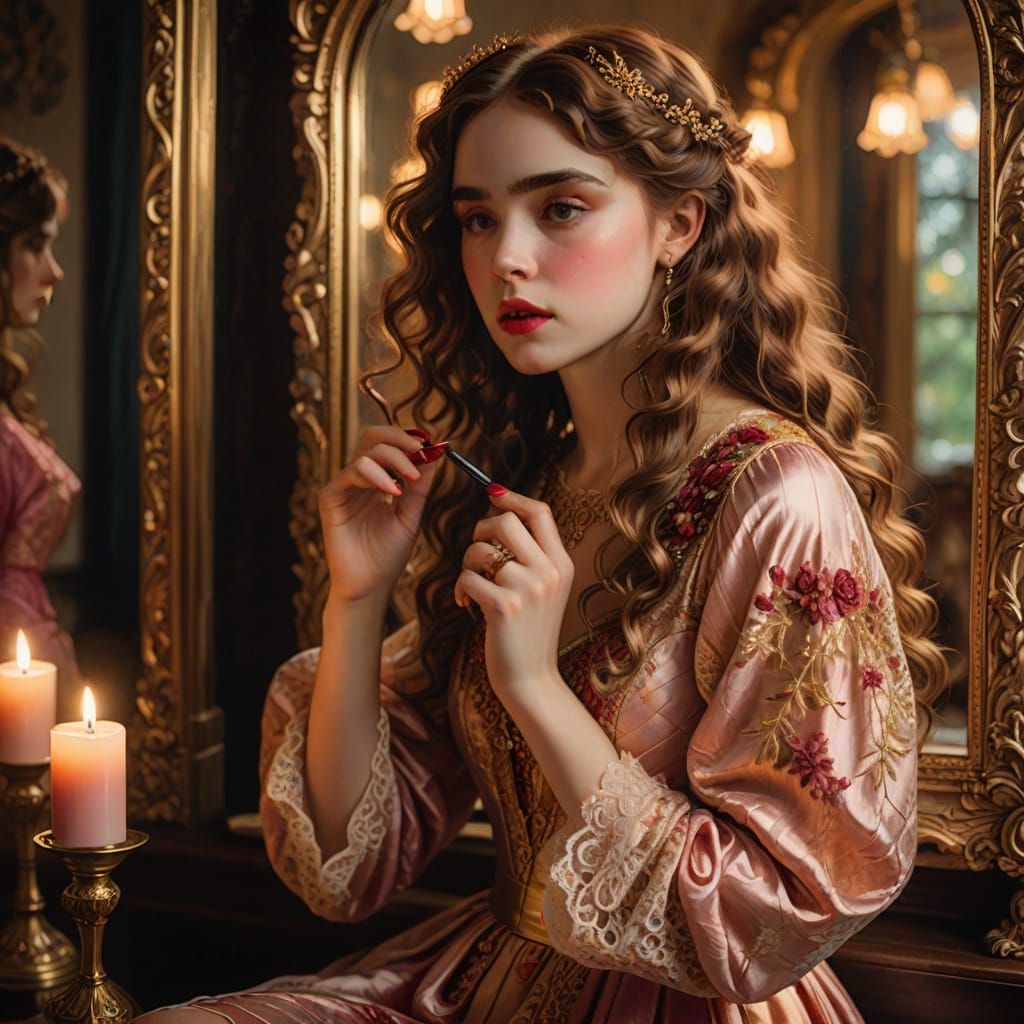 Ruby Applying Lipstick, Waterhouse-Style Illustration