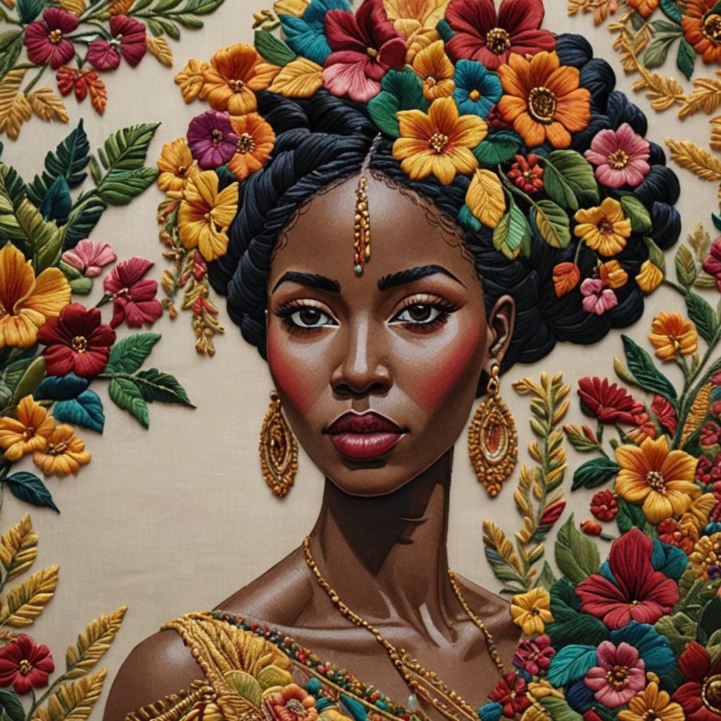 Embroidered Portrait of African Woman with Flowers