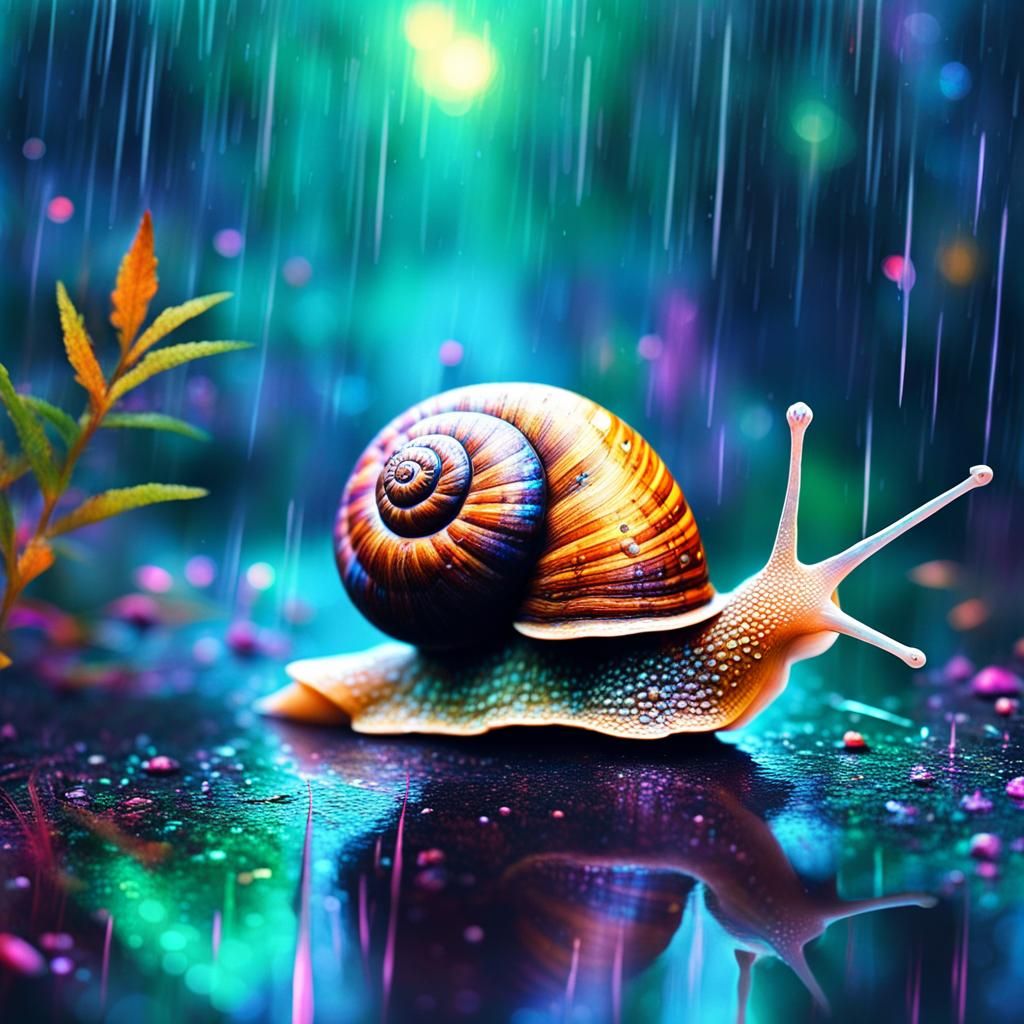 Snail in Rainy Forest: Cosmic Holographic Illustration