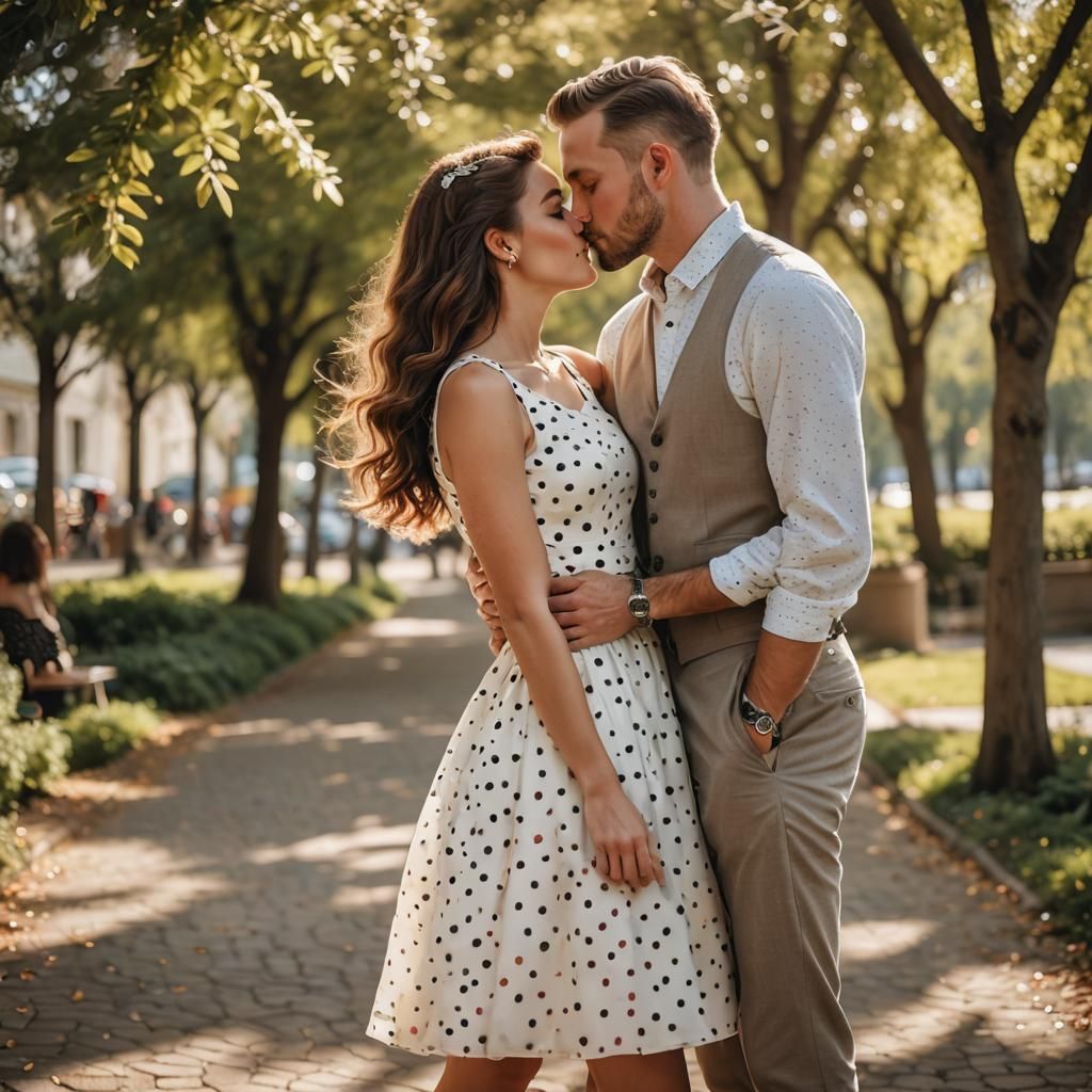 Sunlit Couple Kissing in Polka Dot Dresses