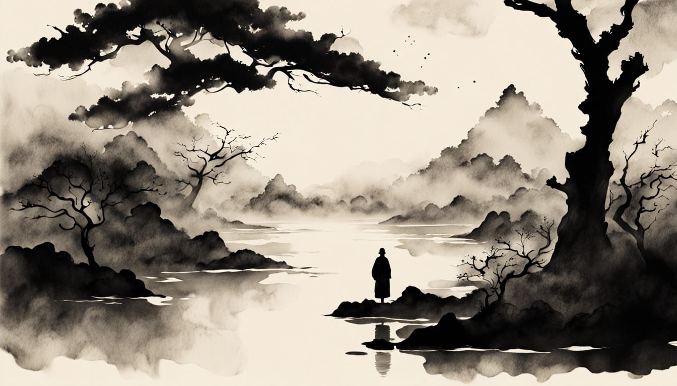 Sumi-e Figure Contemplating the Universe in Cool Indigo