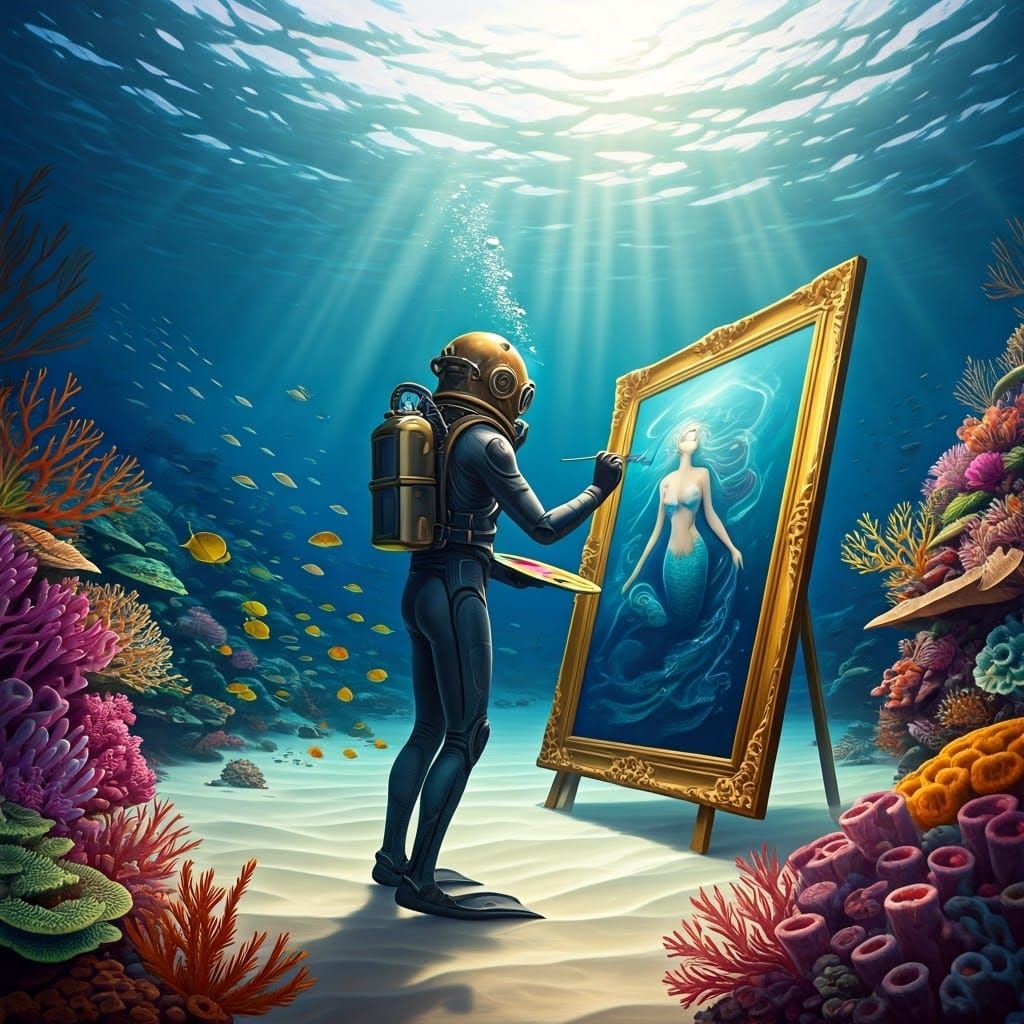 Diver Painting Mermaid in Underwater Utopia
