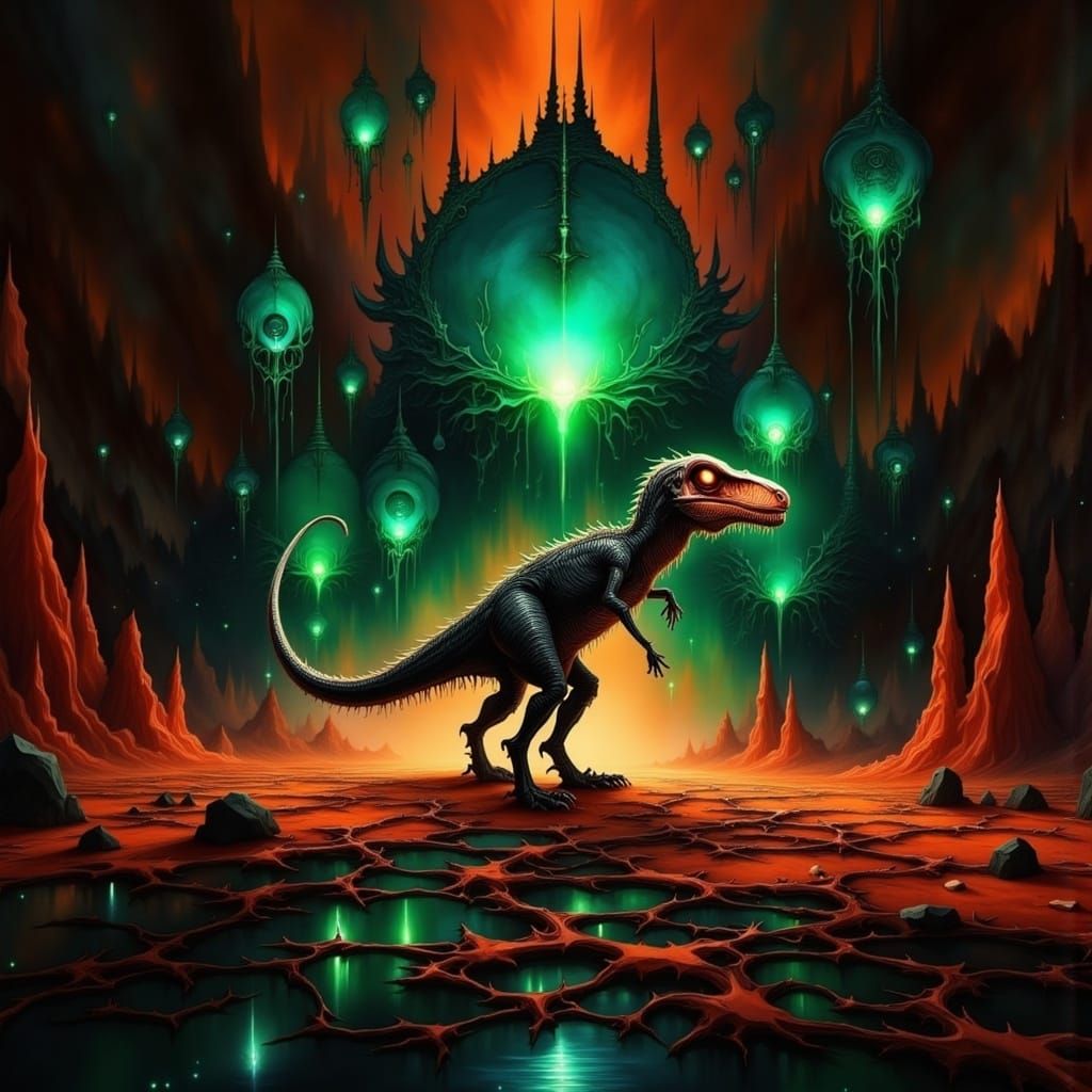 Iridescent Alien Velociraptor in Surreal Desert Landscape