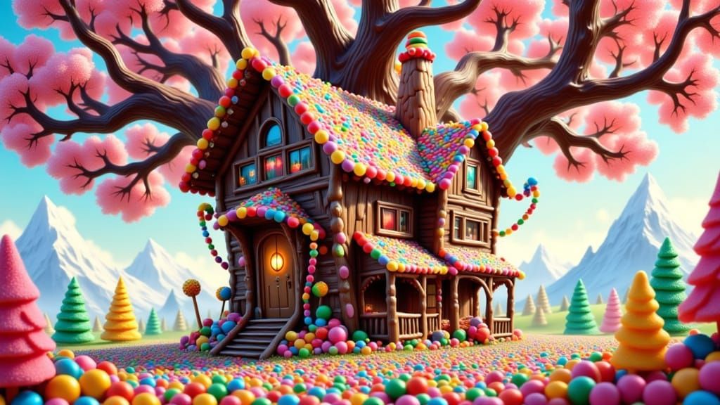 Whimsical Gingerbread Treehouse in Vibrant Candyland Wonderl...
