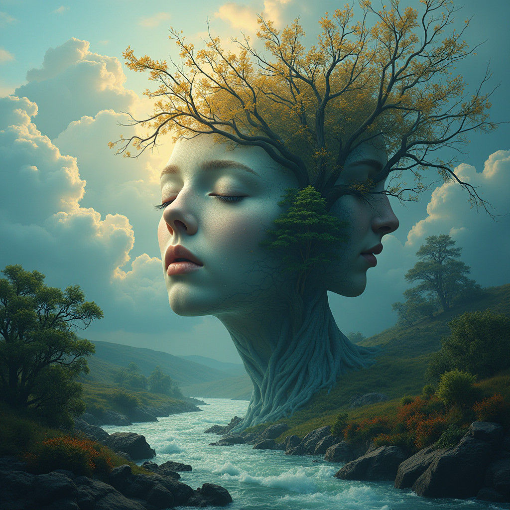 Surreal Faces Blend with Nature in Dreamlike Composition