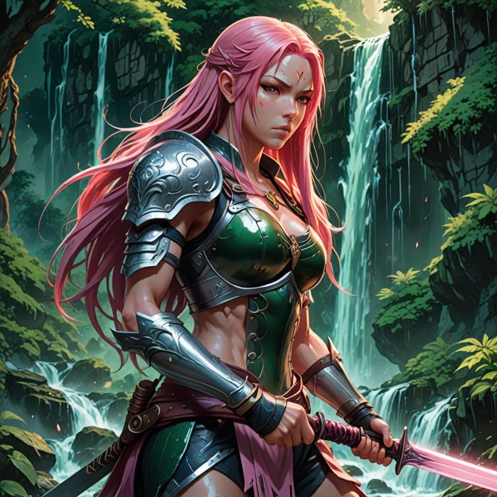 Pink-Haired Anime Warrior in Manga Style
