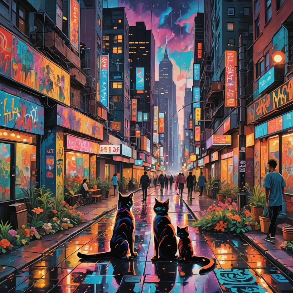 Polychromatic Cityscape at Dusk with Neon Reflections