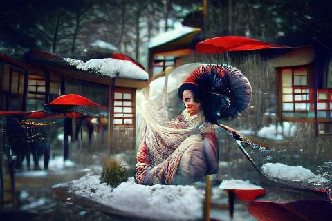 Elegant Geisha Portrait in Snowy Winter Scene