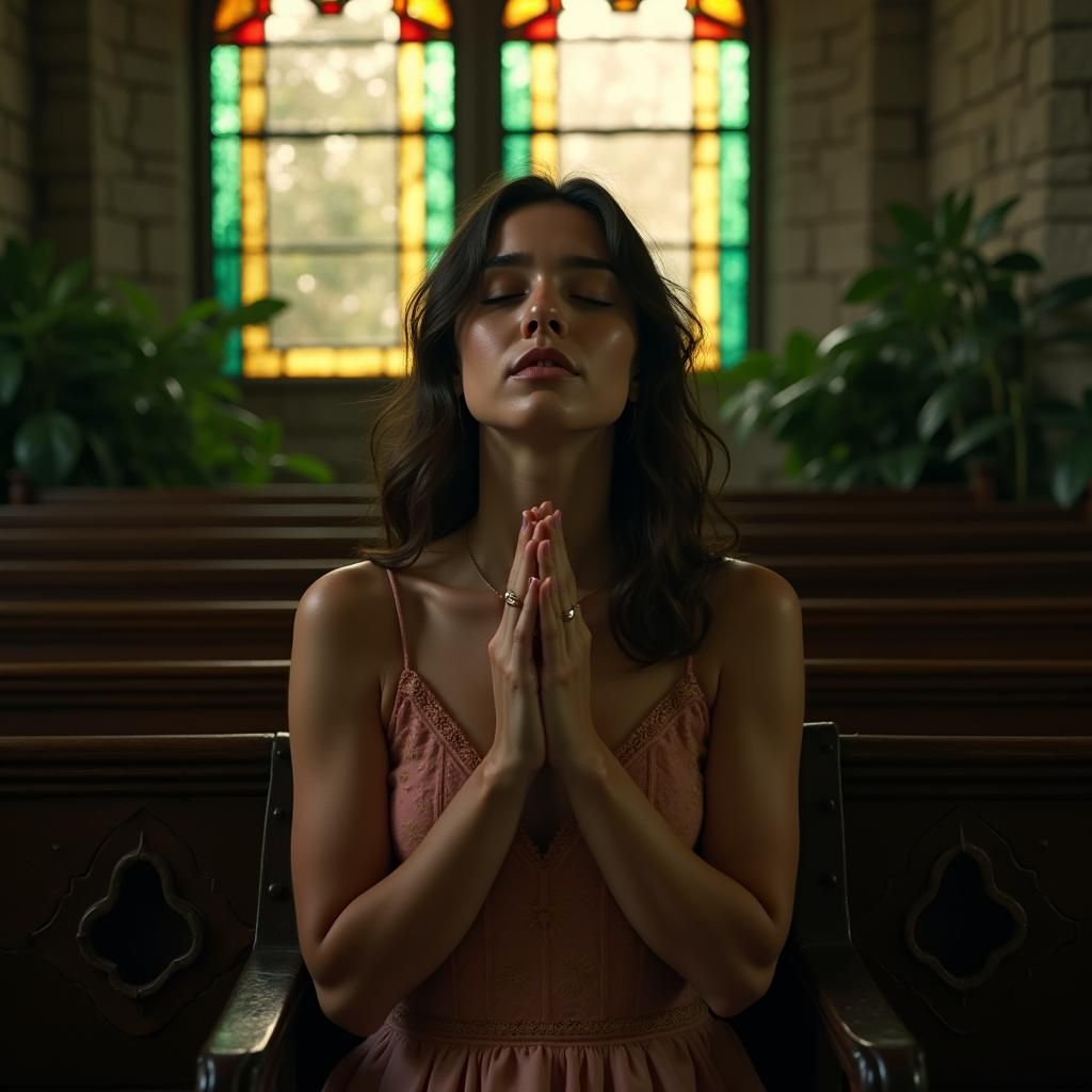 Woman in Prayer Bathed in Stained Glass Light