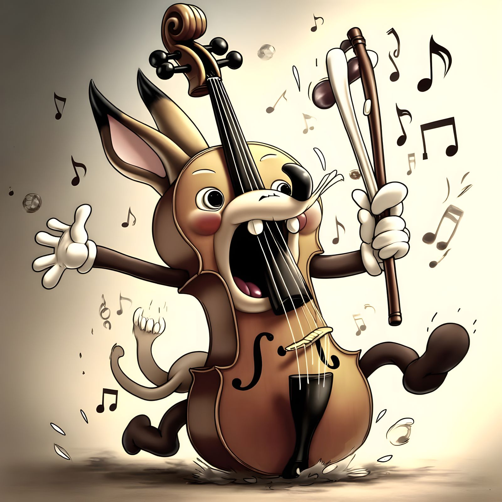 Vintage Cartoon Cello Plays Music with a Yawn