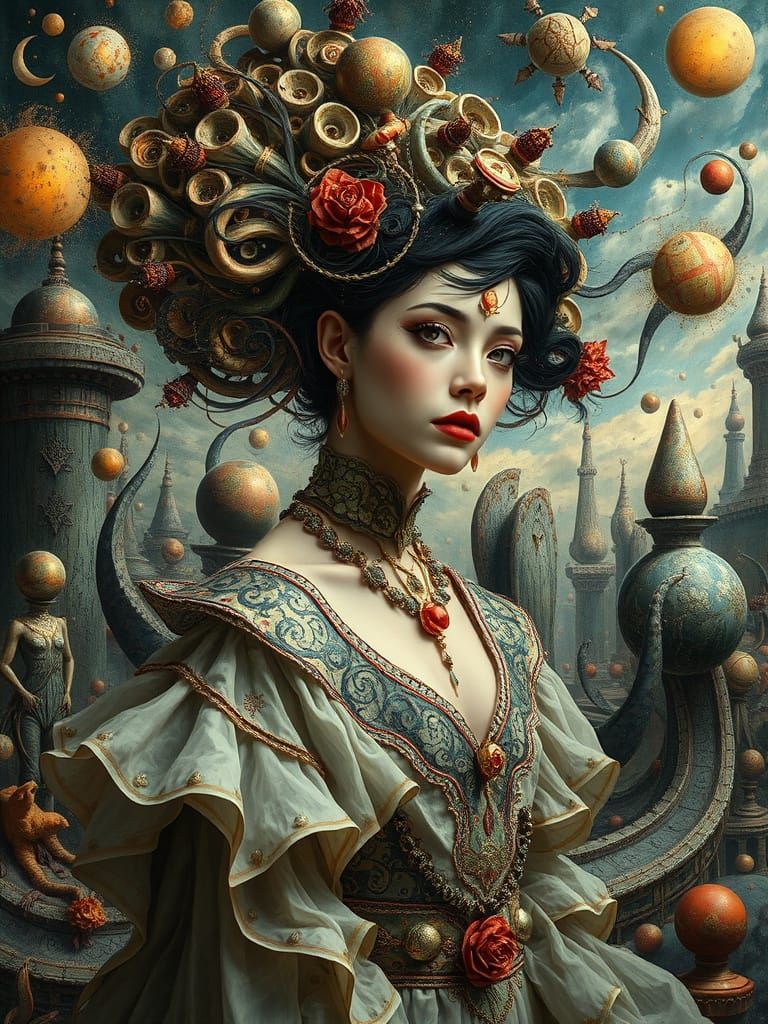 Surrealist Woman in Abstract Hyperrealistic Landscape