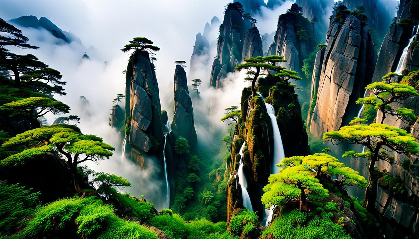 Mist-Shrouded Huangshan Mountains Waterfall in Watercolor St...