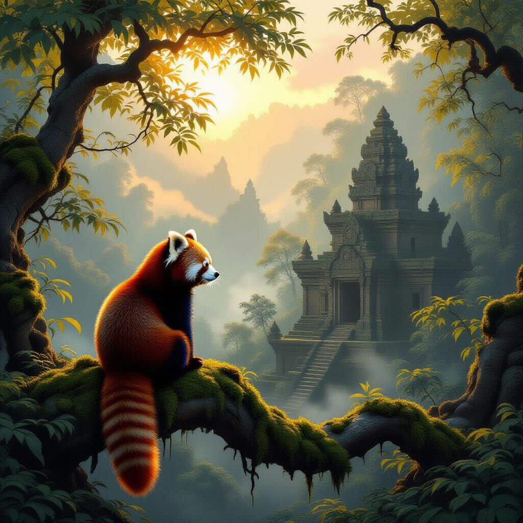 Red Panda in Misty Forest Clearing with Ancient Ruins