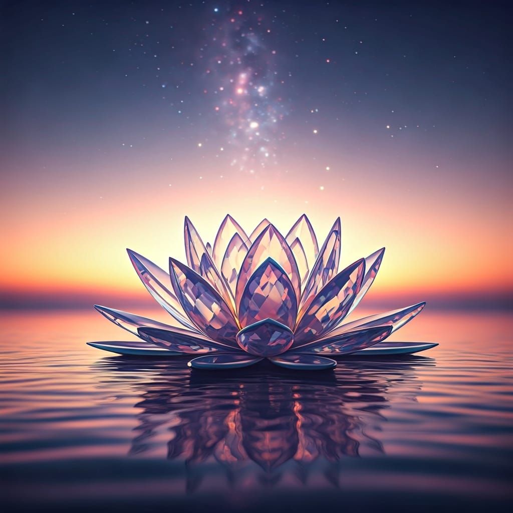 Bioluminescent Crystal Lotus Reflecting Galaxy
