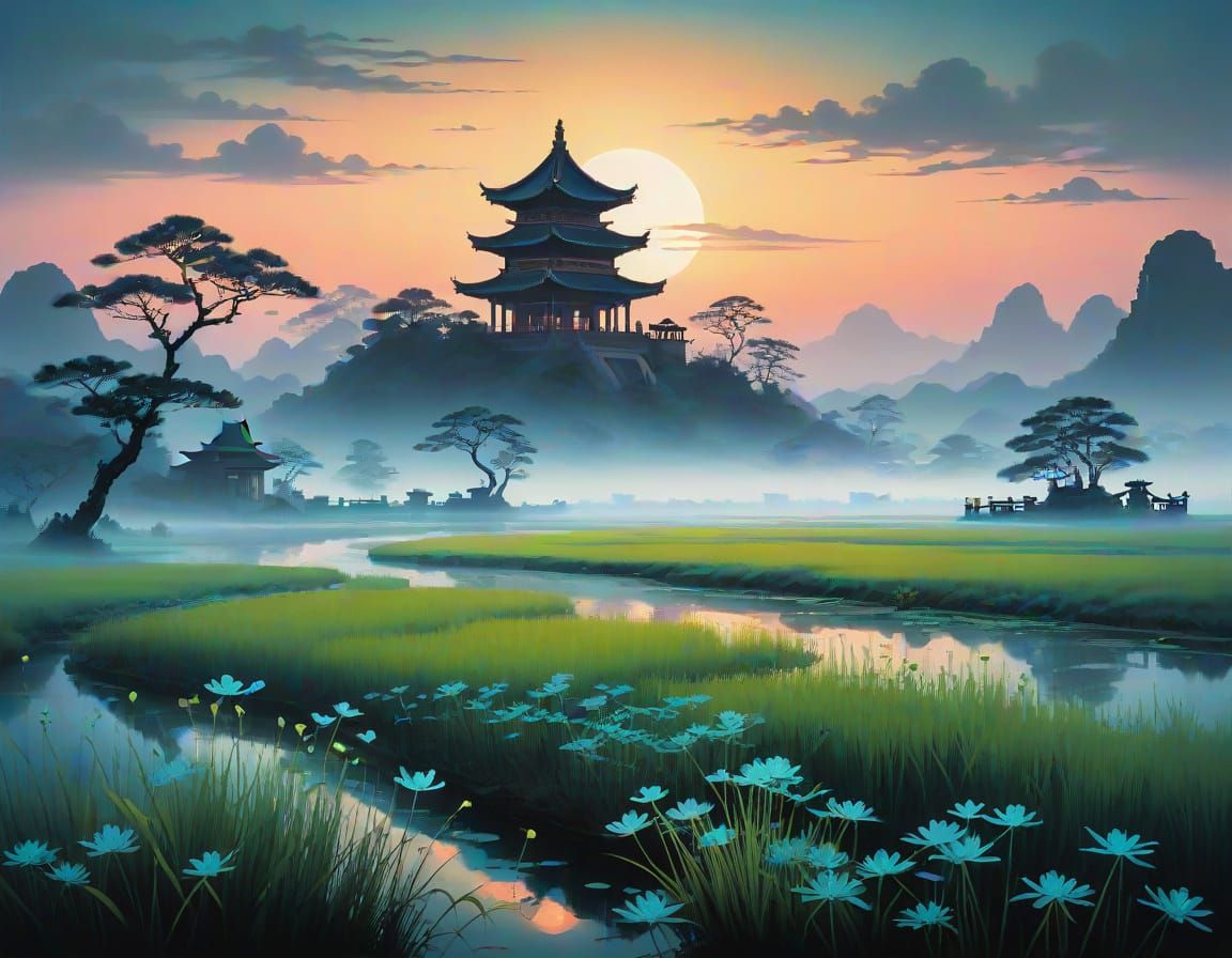 Bioluminescent Flora and Ancient Temple in Twilight, Ink Pai...