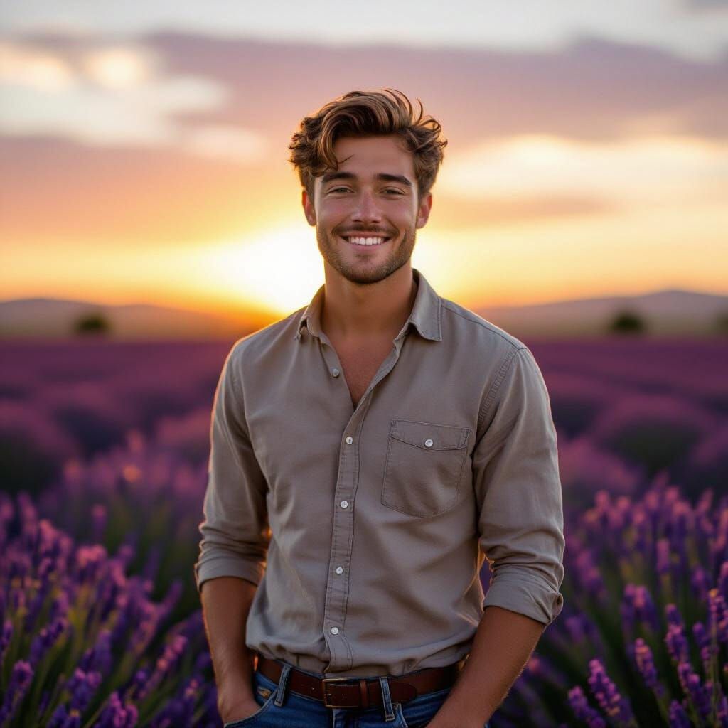 Lavender Field Sunset Portrait in Pre-Raphaelite Style