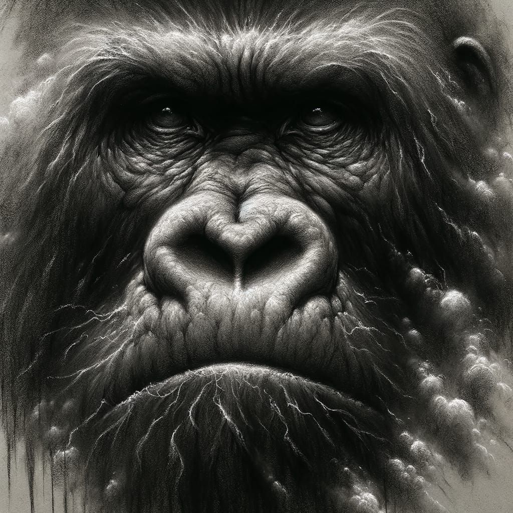 Colossal Gorilla Face in Charcoal Shadows