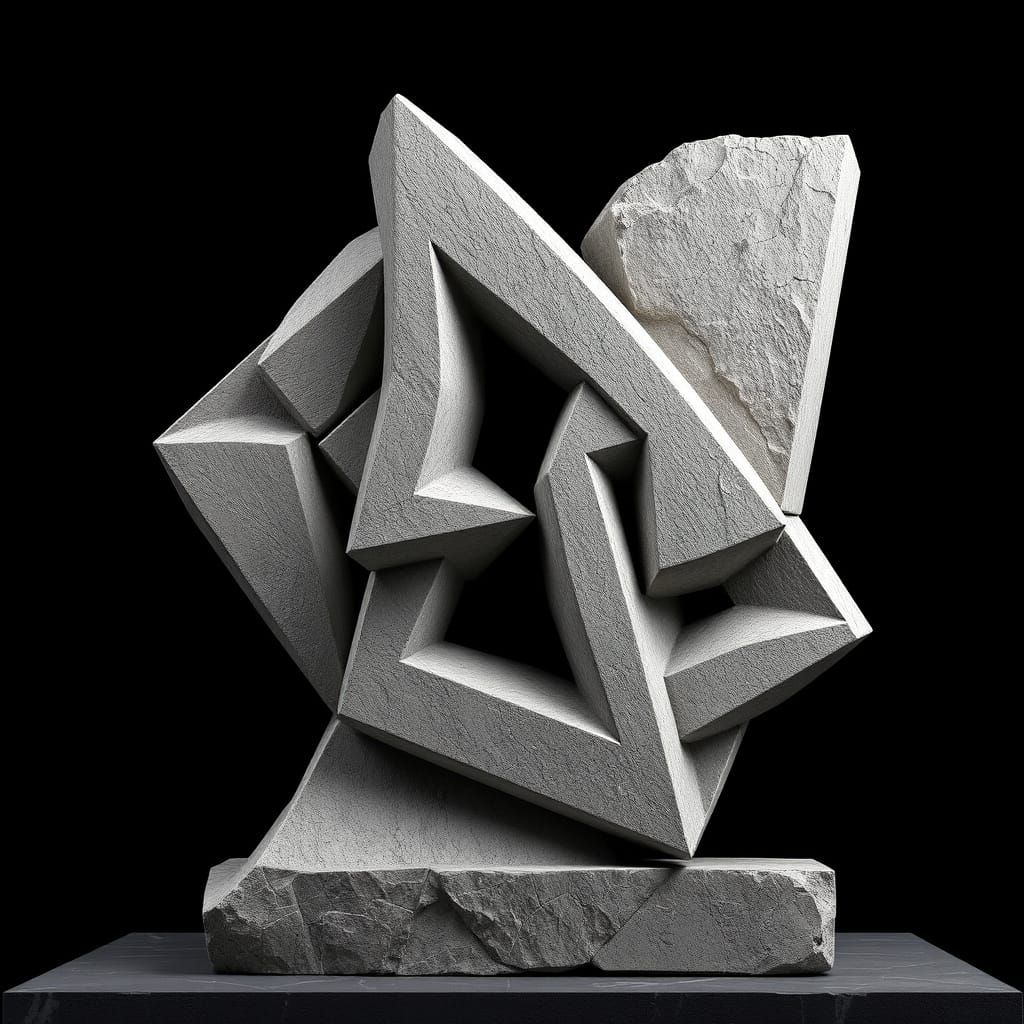 Angular Brutalist Thelema Sculpture in Weathered Stone