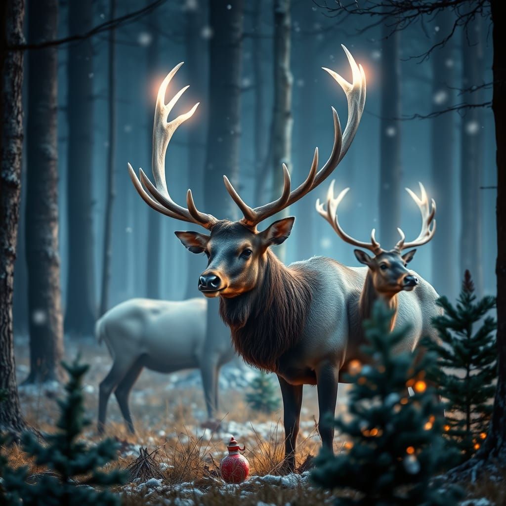 Mystical Elk in Winter Forest