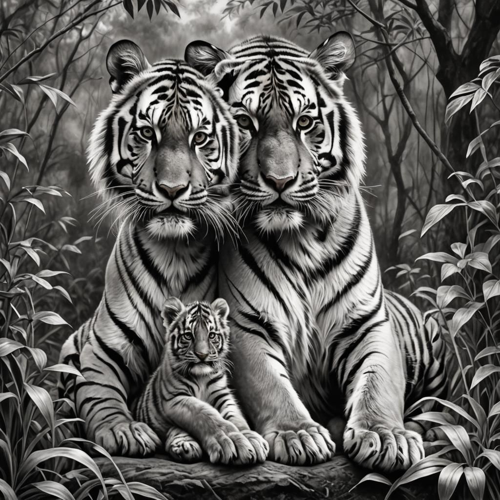 Tiger and Cub: Hyperdetailed Charcoal Drawing
