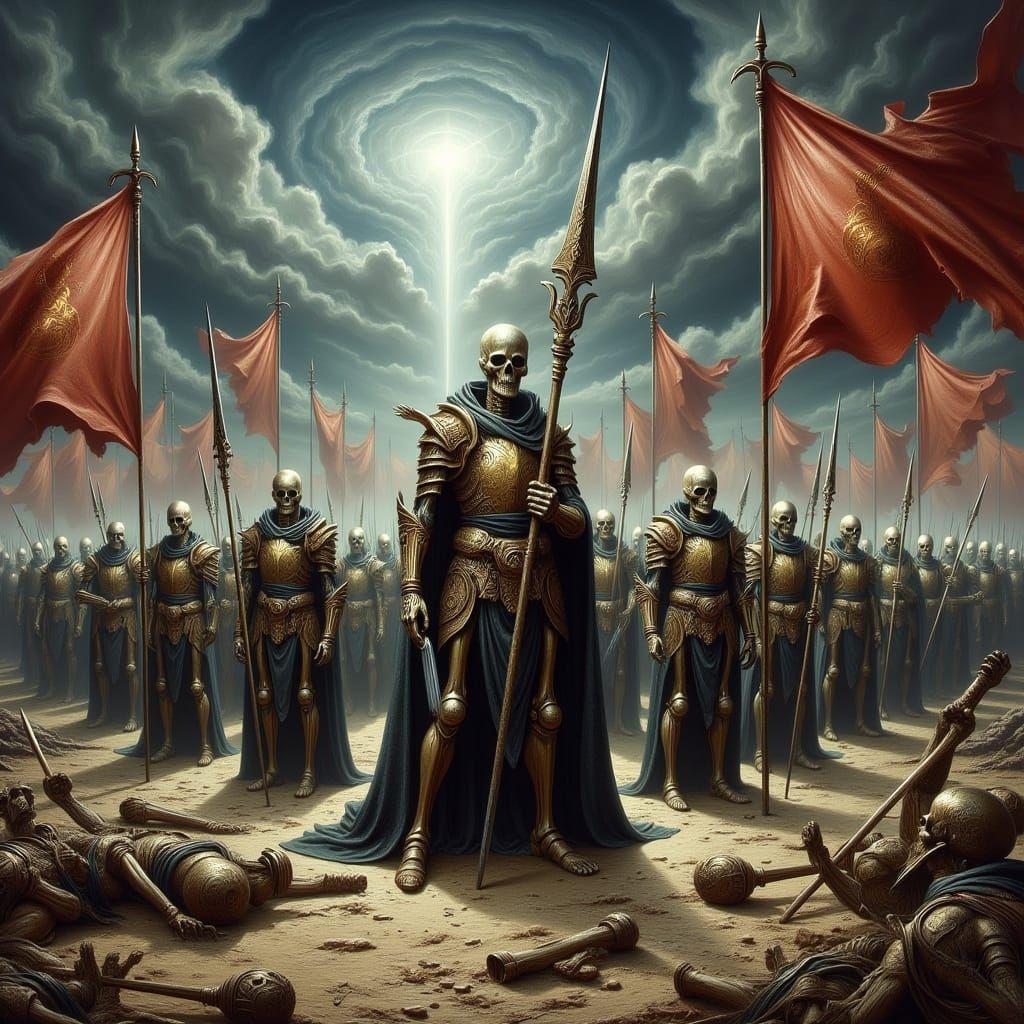 Skeleton Warriors Stand Ready in Dark Fantasy Landscape