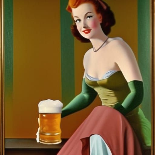 Vintage 1950s Redhead with Beer, Oil Painting