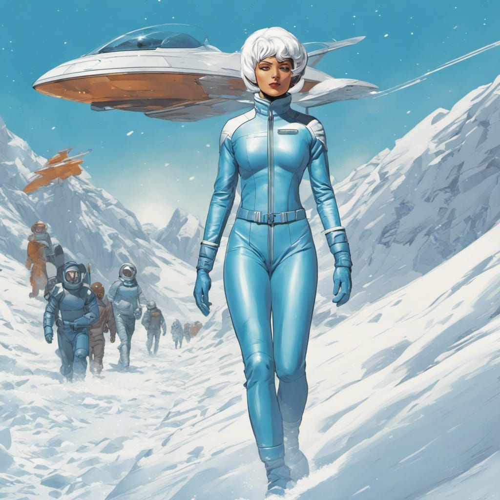 Retro Comic: Woman Pilot in Futuristic Snowscape