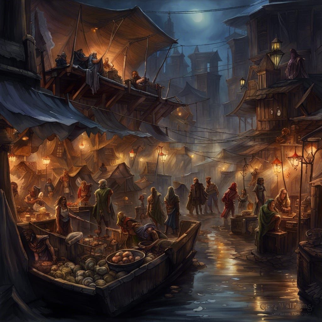 Fantasy Slum Marketplace at Night: Digital Art