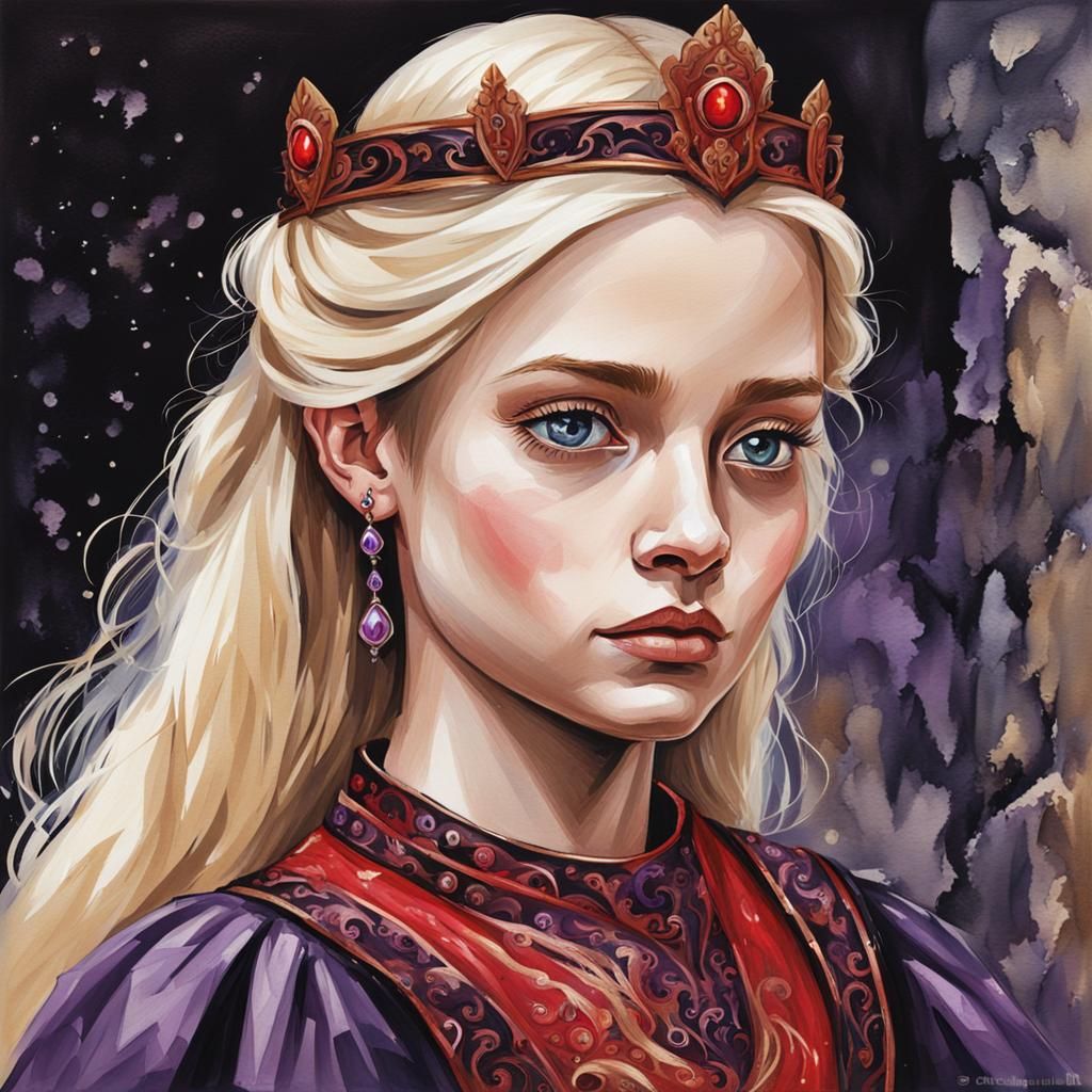 Medieval Princess with Purple Eyes in Gouache Style
