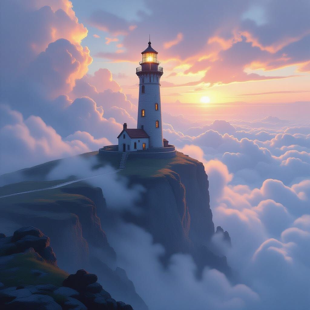 Fantasy Lighthouse on Misty Cliff, Ethereal Lighting