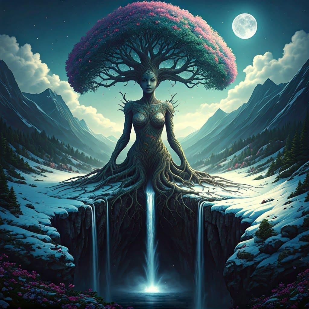 Mystical Tree Woman on Snowy Mountain