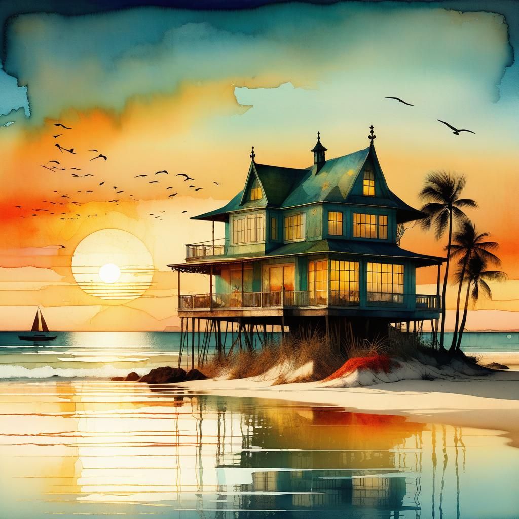 Tropical Beach House at Sunset: Folk Art Watercolor