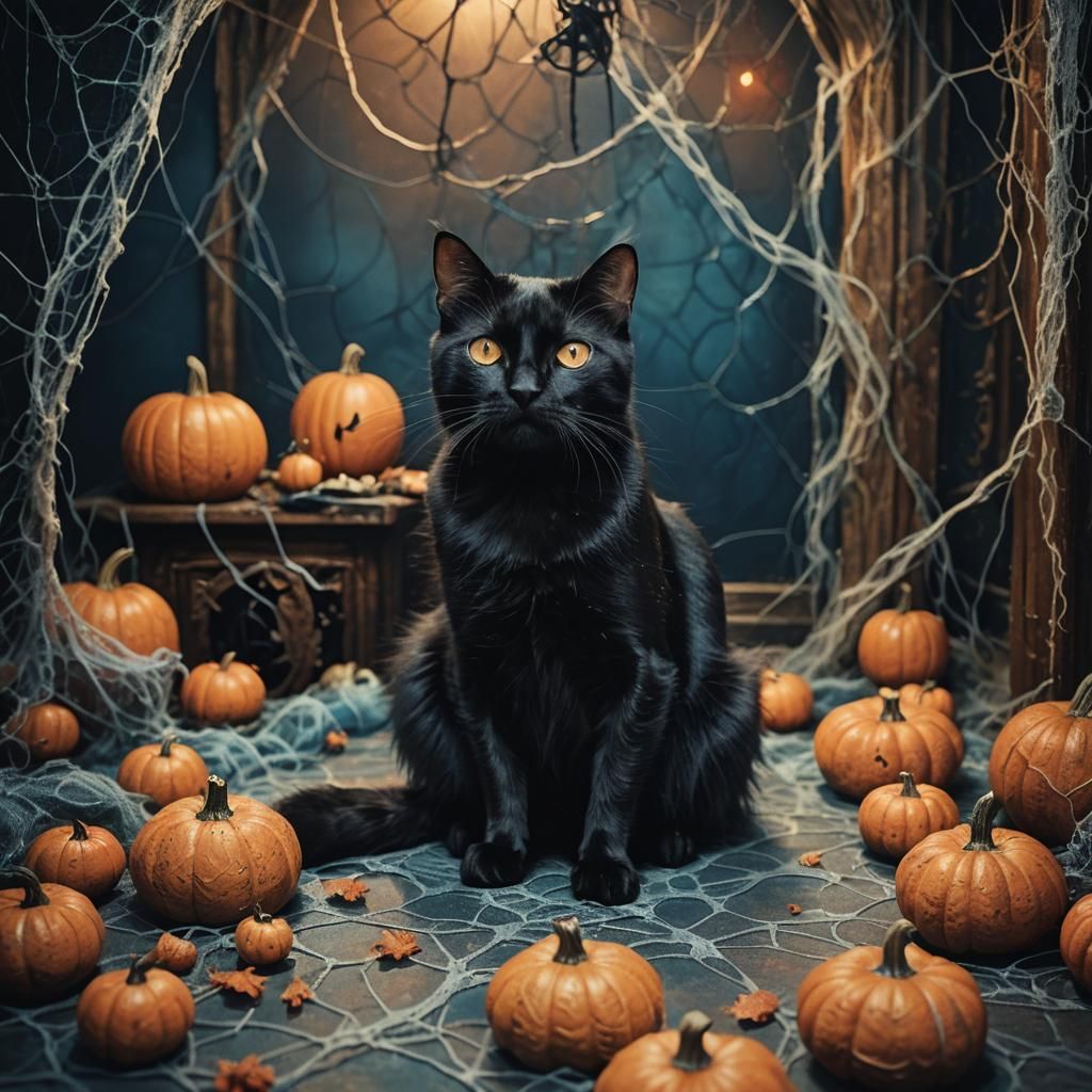 Surreal Black Cat Portrait in Dreamlike Art Nouveau Style