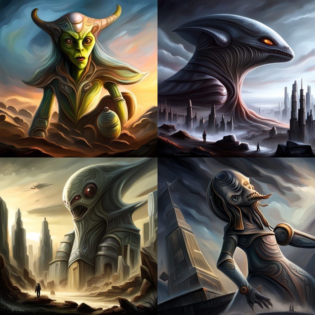 H.R. Giger-Style Alien Monster with Spaceship