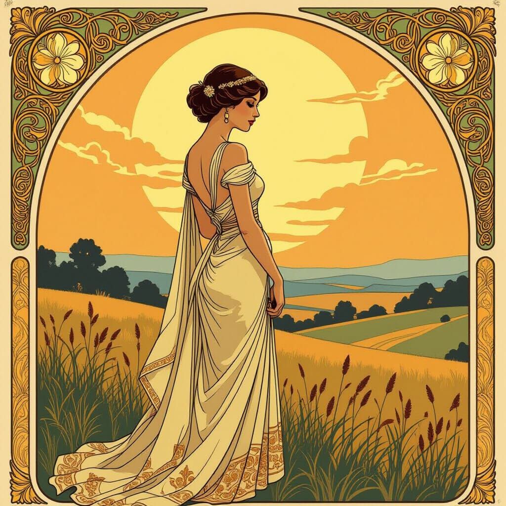Elegant Woman in Serene Landscape, Art Nouveau Style