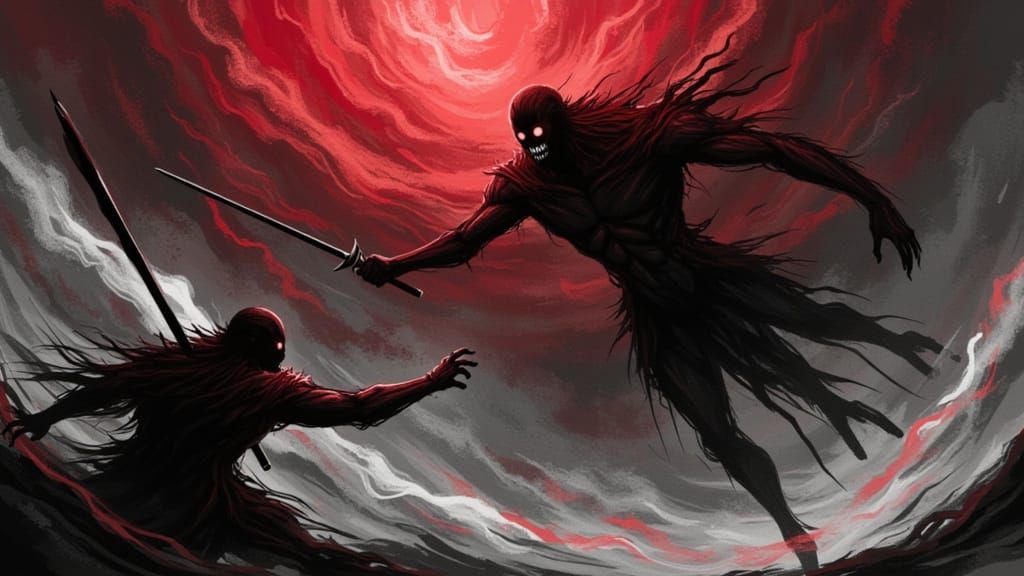 Guts Fights Femto in Dark Fantasy Illustration