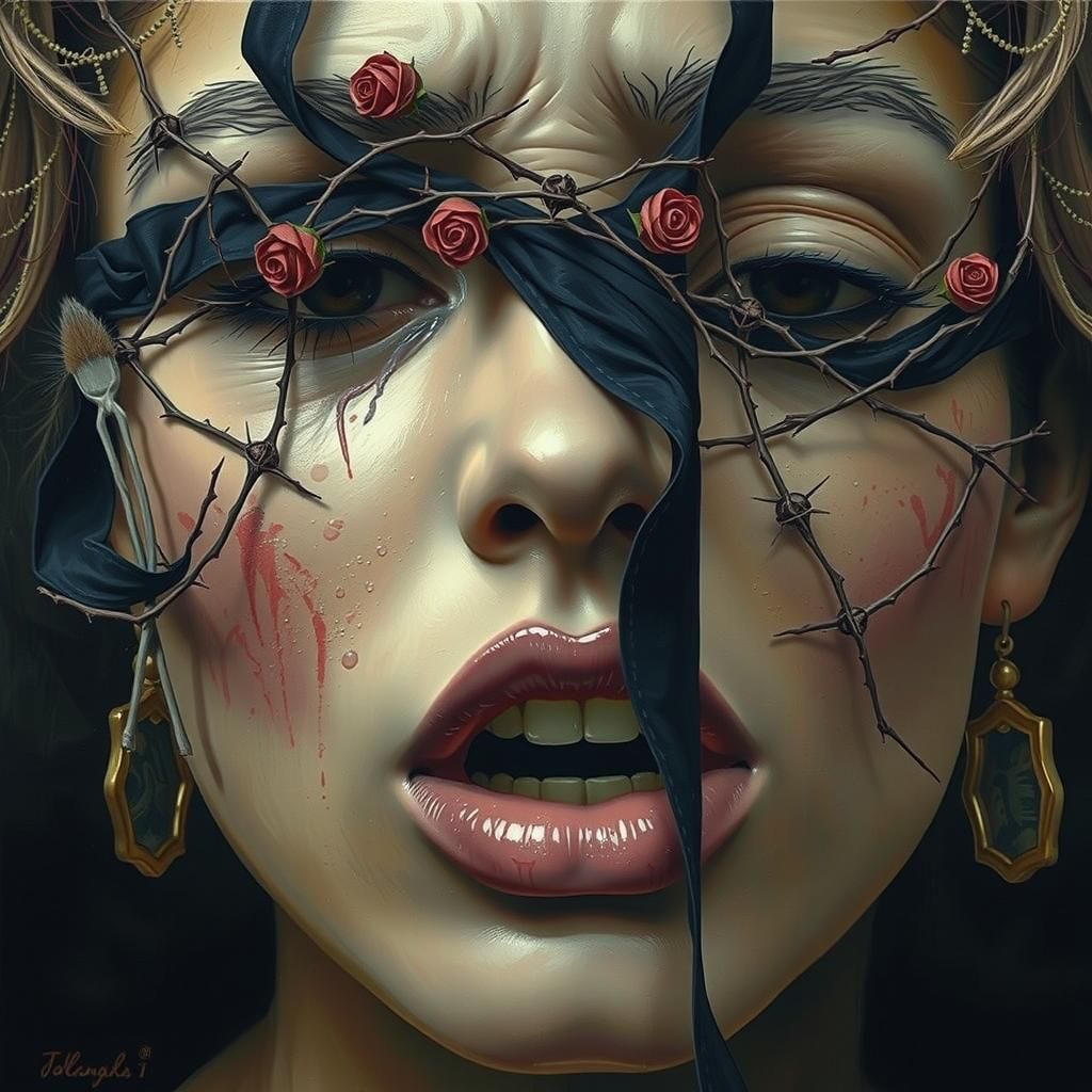 Woman's Anguished Face with Roses, Expressive Art