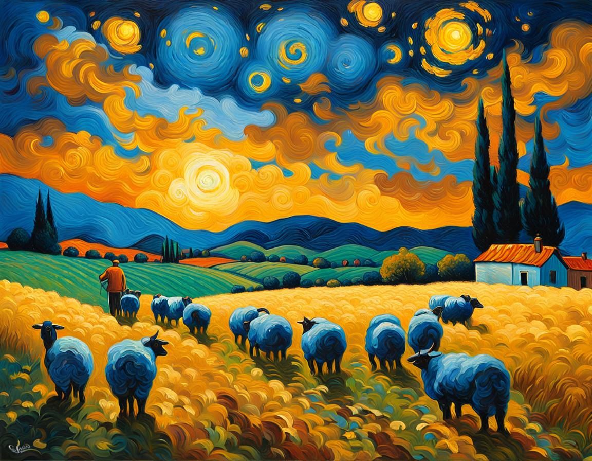 Vibrant Neo-Impressionist Shepherds Gaze at Starry Night Sky